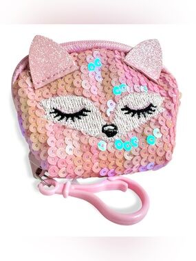 Fox Sequin Coin Purse Keychain Bag Pink NWOT